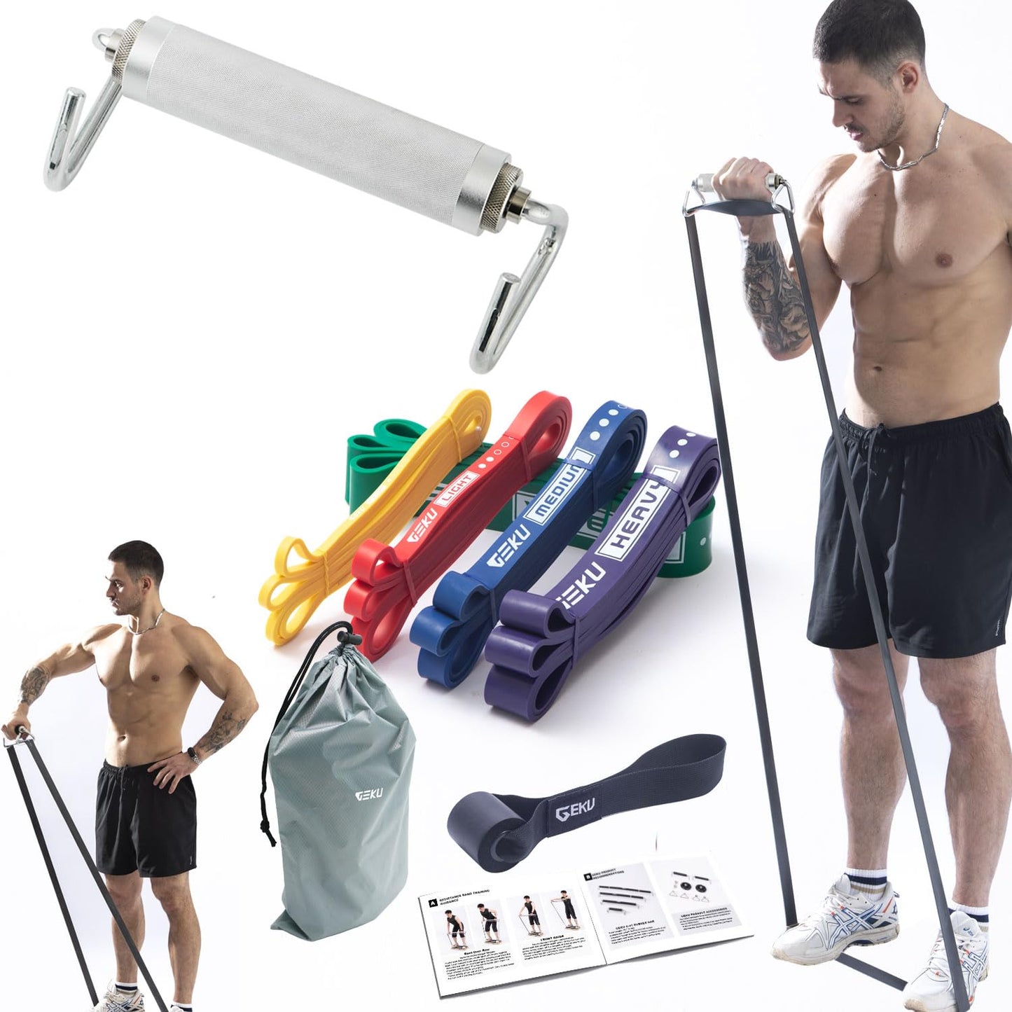 GEKU FIT Resistance Bands with Aluminium Alloy Handle, Set of 5 Natural Latex Exercise Bands for Heavy Duty Workout Stretching Power Lifting with Carrying Bag (5 Bands + Aluminium Alloy Handle)