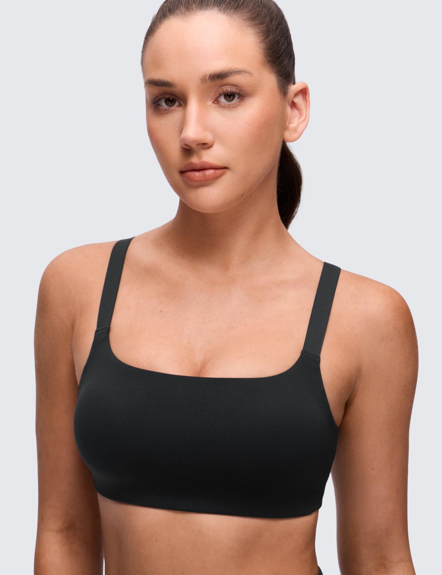 CRZ YOGA Butterluxe Adjustable Wide Strap Sports Bras for Women - Square Back Padded Scoop Neck Yoga Top Black Small