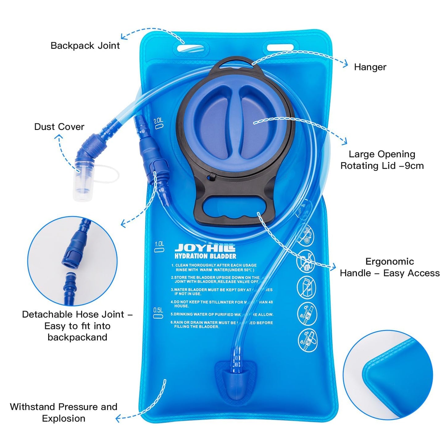 JOYHILL TPU Hydration Bladder,1.5L 2L 3L Water Bladder for Hiking Backpack BPA Free Leak Proof Hydration Pack for Camping Running Biking Hiking (2.0L)