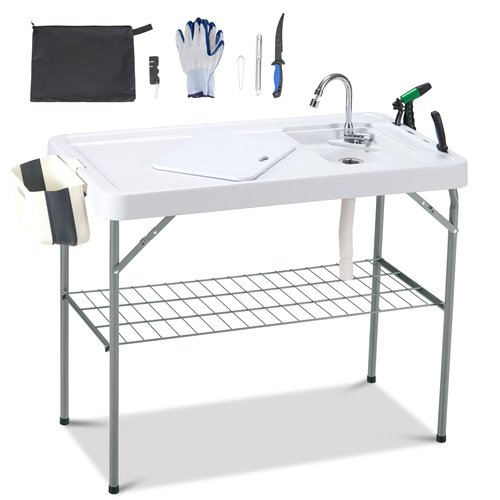 Dragosum Outdoor Sink Fish Cleaning Table Portable Camping Table with Faucet Hose Hook Up Grid Rack, Fish Fillet Camping Sink Table with 7pc Fish Cleaning Kit for Picnic Beach Patio(Grey)