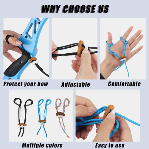SPG Archery Adjustable Finger Sling, Multi Size Color Archery Bow Slings with Elastic Strap to Protect Recurve Bow from Falling, Bow and Arrow Competition Shooting Accessories (Black)