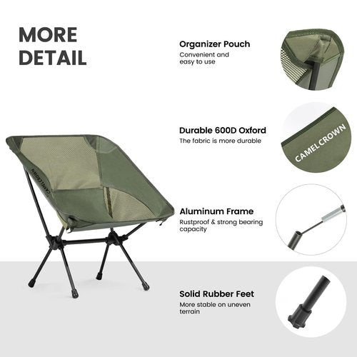 CAMEL CROWN Portable Camping Chair Lightweight Compact Folding Chair Mesh for Outdoor Camp Travel Beach Picnic Festival Hiking Backpacking Army Green