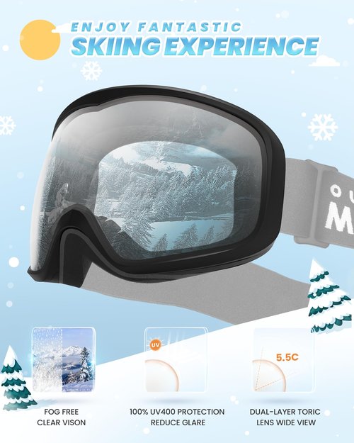 OutdoorMaster Owl Kids Ski Goggles for Glasses OTG Anti Fog Snowboarding/Snow Goggles-100% UV Protection(Black Frame+VLT 60%)