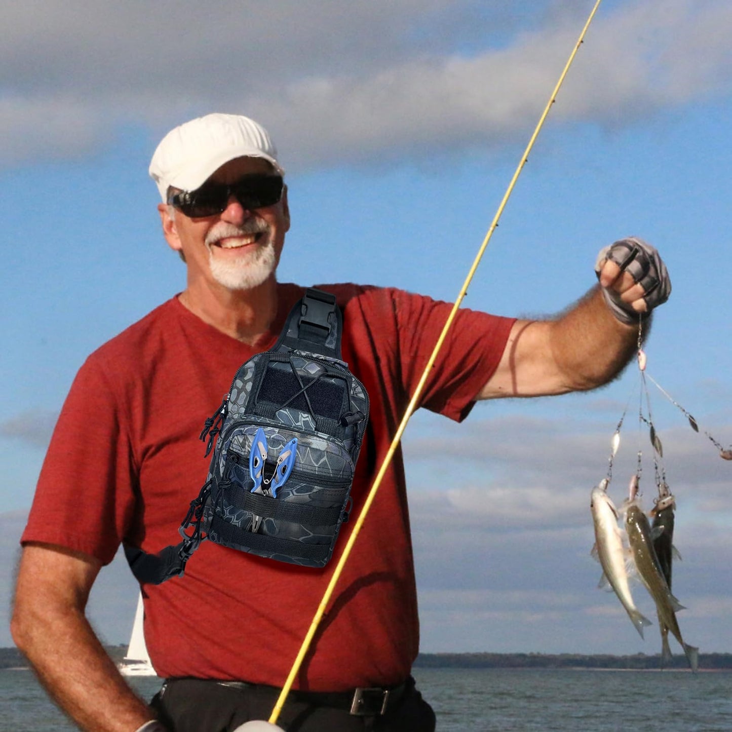 Fishing Backpack Outdoor Tackle Backpacks Small Sling Backpack with Rod Gear Holders for Fish Hunting and Traveling (A: Camouflage Black)