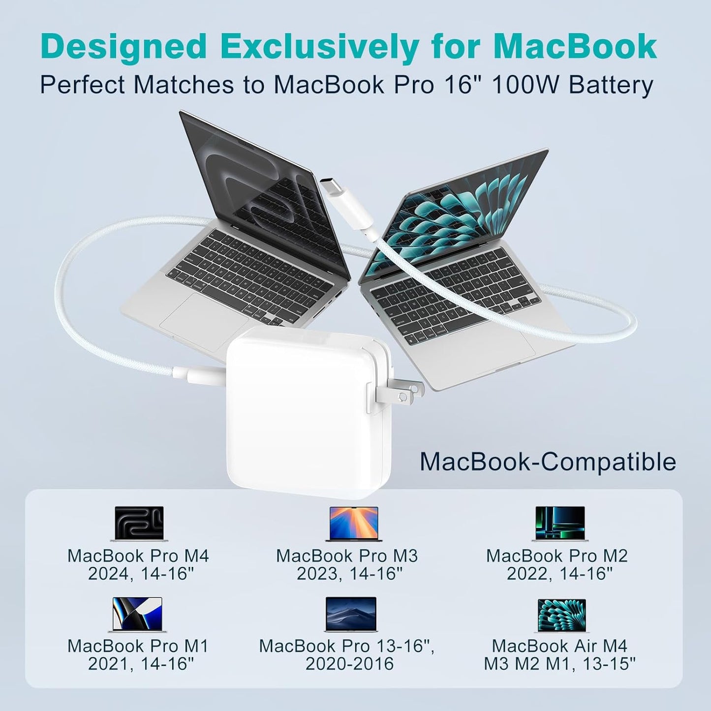 Charger for MacBook Pro 16 14 inch MacBook Air 15 13 inch 2025 2024 2023 2022 2021 2020 2019 M4 M3 M2 M1, Super Compact 100W USB C Laptop Power Adapter, 6.6FT USB-C Braided Cable, Original Quality
