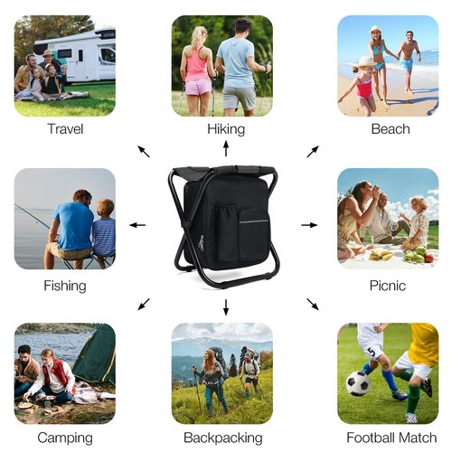 Outplea Lightweight Backpack Stool Cooler Chair Heavy Duty 350lbs for Adults, Folding Camp Stool with 15L Insulated Cooler for Fishing, Black