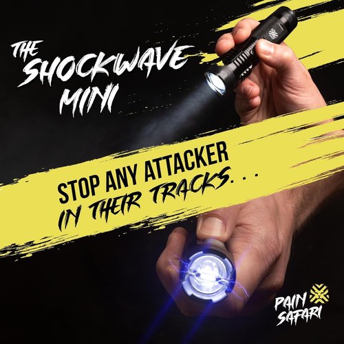 Pain Safari Shockwave Mini Tactical Flashlight | Ultra-Compact, Palm-Sized Design | 15,000 Volts & 2 Amps to Deter Attackers | 200-Lumen Flashlight | No License Needed | Rechargeable