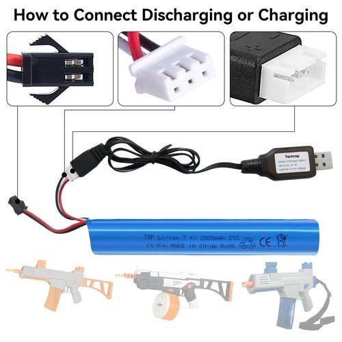 Tosiicop Airsoft Gel Blaster Battery - 7.4V 2000mAh LiPo Batteries for Splatter Ball Accessories SRB400 SRB1200 SRB400-SUB Water Bead MP5K M4 M110 with SM-2P Plug Rechargeable Charging Cable