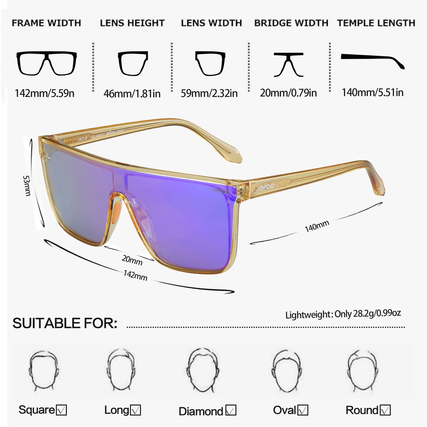 Jefoo Polarized Square Sunglasses for Women Men Oversized Fashion Siamese Lens Style Flat Top Shield Shades UV Protection