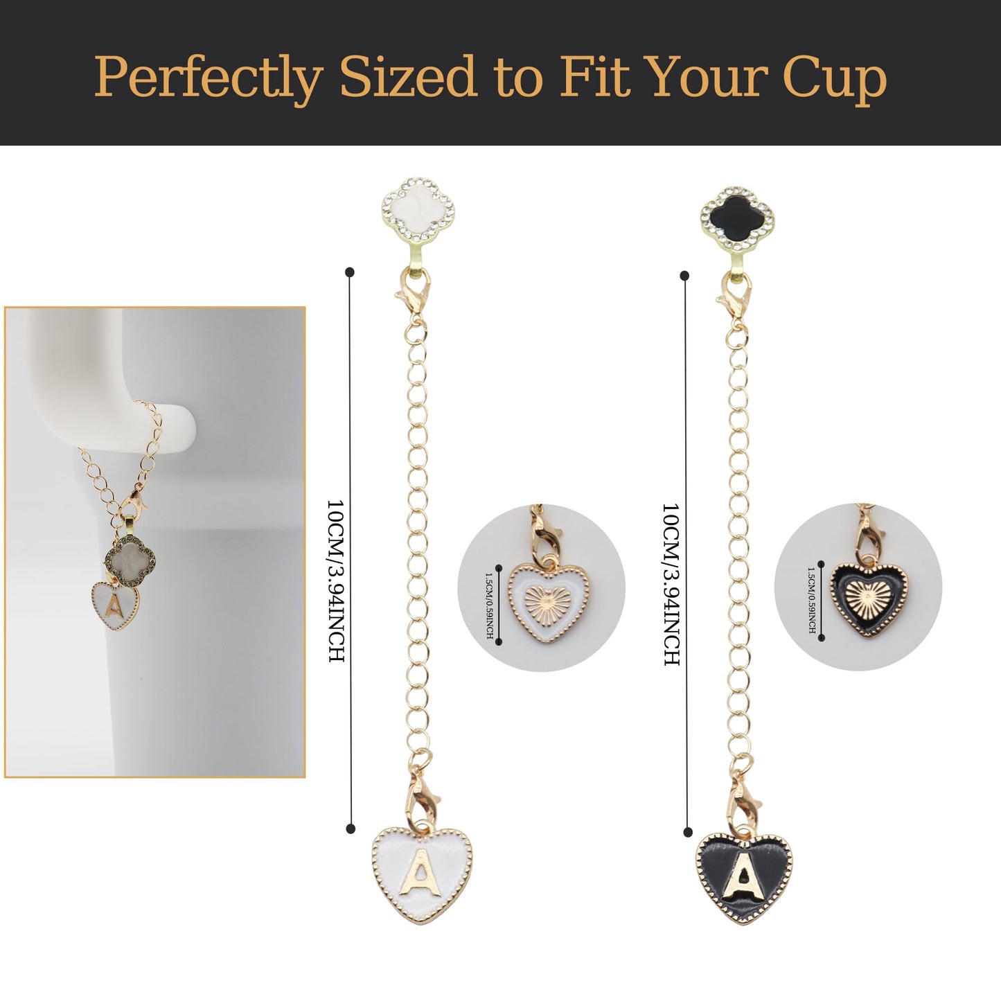 2Pcs Letter Charm Accessories for Stanley Cup,Name ID Initial Letter for Stanley Tumbler Water Cup,Heart Shape & Four Leaf Clover Initial Personalized Handle Charm for Stanley Cup Accessories Chain(M)