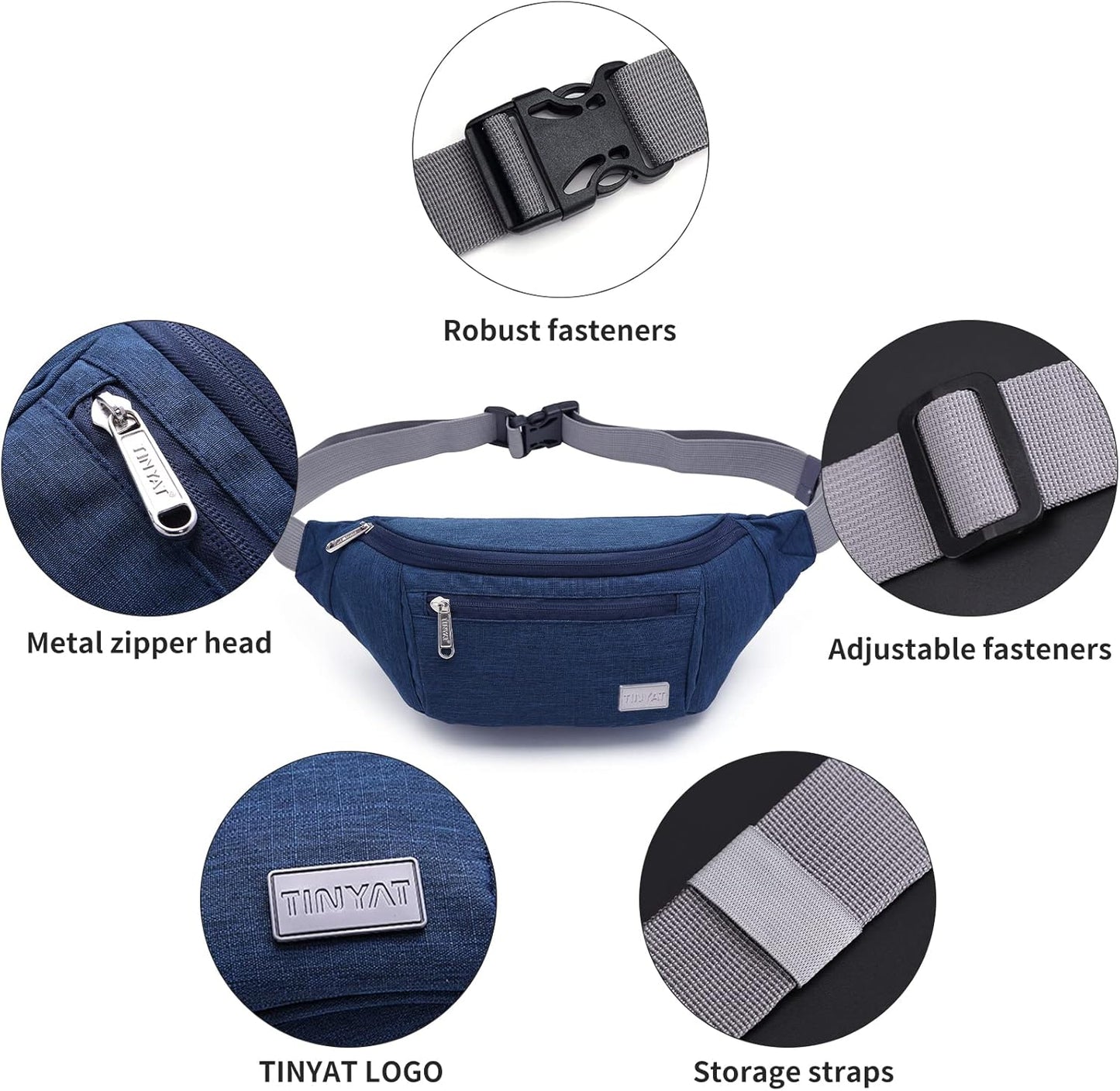 TINYAT Large Fanny Pack Travel Waist Bag Lightweight for Men&Women with Adjustable Strap T206 Blue