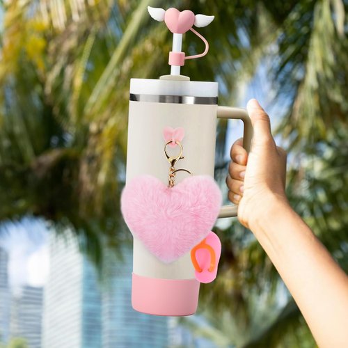 Gusgopo 6 PCS Cup Accessories Set for Stanley 40oz & 30oz Tumbler.Including Silicone Boot,Straw Cover Cap,Heart Hook,Heart Pompom and Slippers