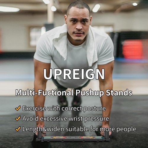 UPREIGN Multi-Functional Push-Up Plate with 4 Color Zones and 16 Holes. Portable and Foldable Push-up Board with Handle for Muscle Building and Strength Training