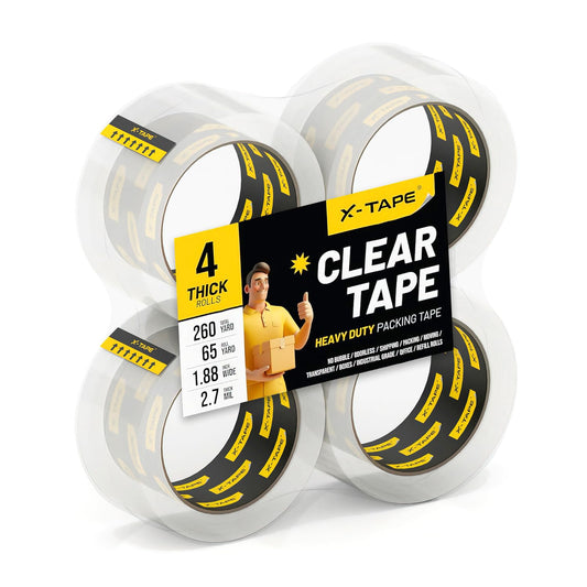 X-Tape Clear Packing Tape (4 Rolls / 260 Total Yards), Heavy Duty Packaging Tape for Shipping, Moving, Sealing and Refills, 65 Yards Per Roll, 2.7mil Thick, 1.88 inches Wide