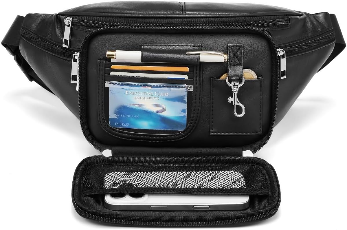 Genuine Leather Large 7 Pocket Waist Pack with Organizer, Card Slots (Black)