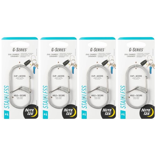 Nite Ize G-Series Dual Chamber Carabiner - Carabiner Clip for Water Bottles, Hats & Keychains - Dual Chamber Key Organizer - Key Holder Accessories - Size 4, Stainless (4 Pack)