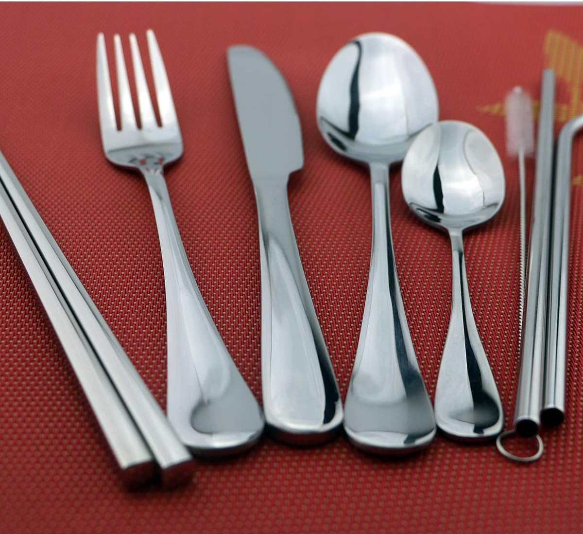 8 Pieces Stainless Steel Mirror Poblished Flatware Set Reusable Cutlery Set Travel Utensils Set with Straws for Camping Office or School Lunch,Dishwasher Safe (Rose Gold)