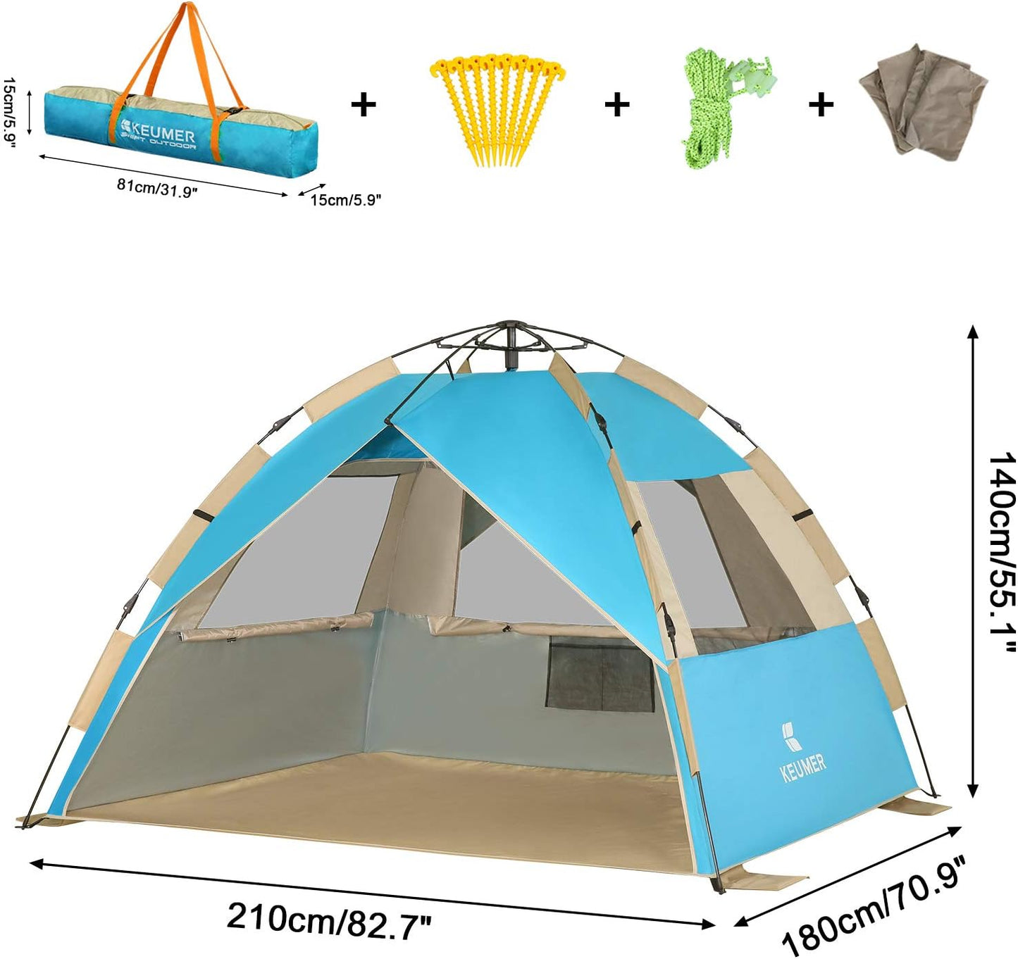 G4Free Deluxe XL Pop Up Beach Tent, 3-4 Persons Easy Setup Sun Shelter Canopy with UPF 50+ UV Protection Extral Wide 70.9 in