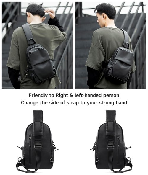 MOYYI PU Leather Sling Bag for Men Crossbody Side Bag Man Backpack Black Small for Hiking Travel