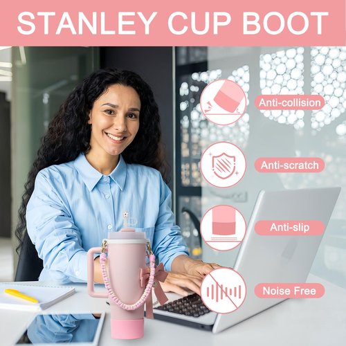 Stanley Cup Accessories Set - Braided Design Water Bottle Handle Strap, Silicone Boot, Straw Toppers for 30/40oz Tumble (Pink)