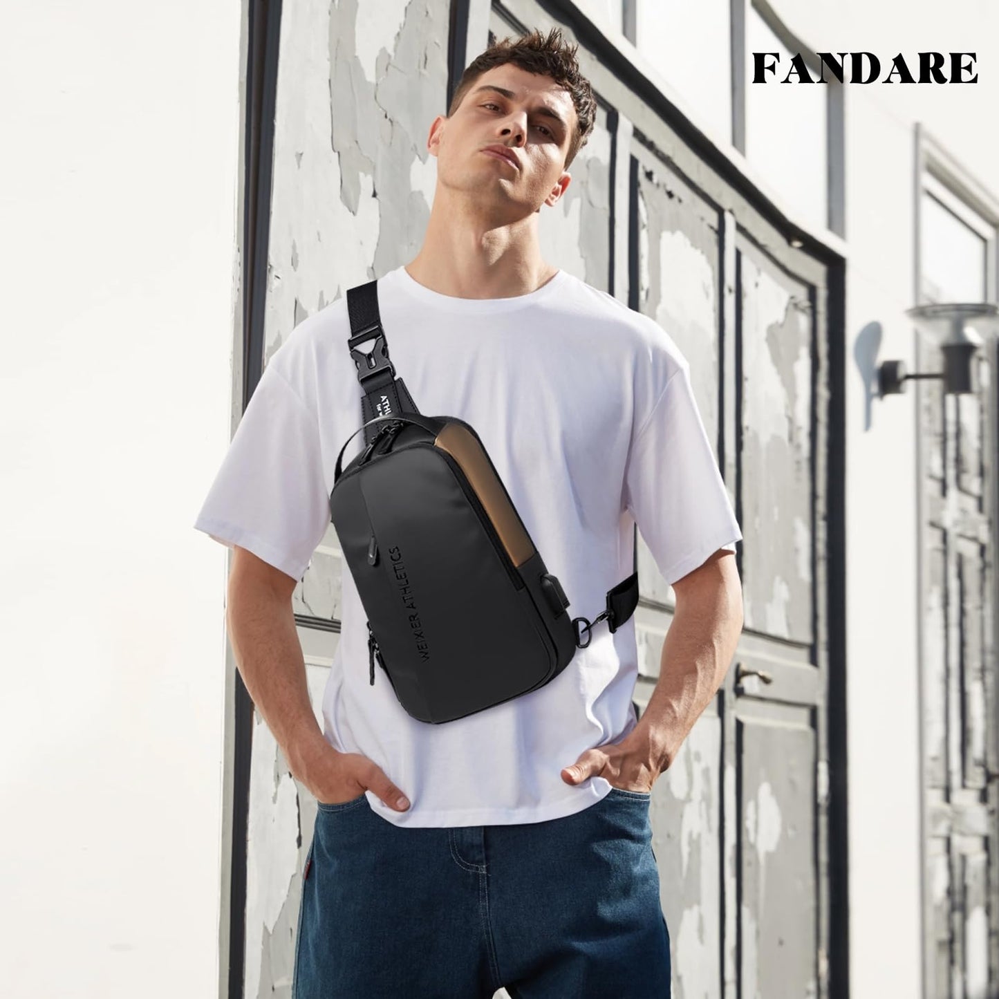 FANDARE Sling Bag Sport Shoulder Bag with USB Charging Port for Women Men Nylon Chest Crossbody pack for Hiking Cycling Travel Outdoor Gym Business Black Brown