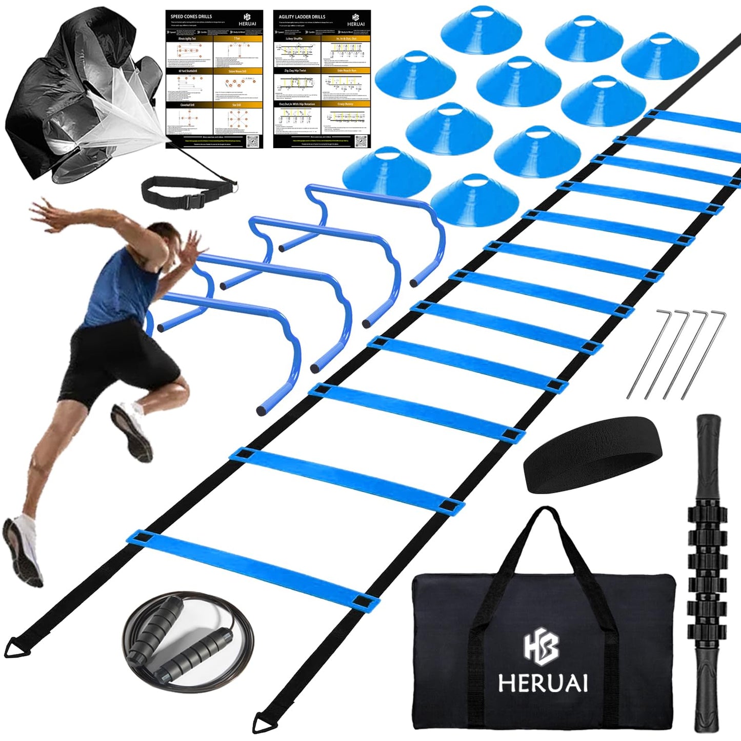 Agility Ladder Speed Training Equipment Set, 20ft Speed Ladder, 4 Hurdles, 10 Speed Cones, Running Parachute, Football Basketball Soccer Training Equipment for Kids Youth Adults - Enhance Speed