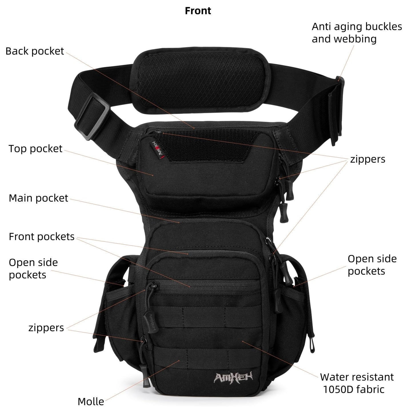 AMHEH Drop Leg Thigh Bag Hip Pouch 4.5L Black | Military, Tactical, Motorcycle, Bike, Cycling, Hiking, Outdoor, Adjustable for Waists Up to 59 Inches