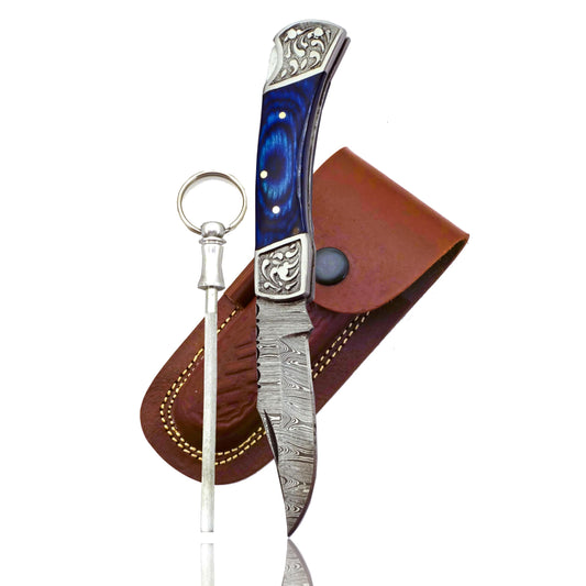 Handmade Damascus Pocket Knife for Men - 7.2 Inches Engraved Steel Damascus Folding Pocket Knife with Belt Holster - Pocket Knives & Folding Knives with Sheath & Back Lock - EDC Knife Pocket.(Blue)
