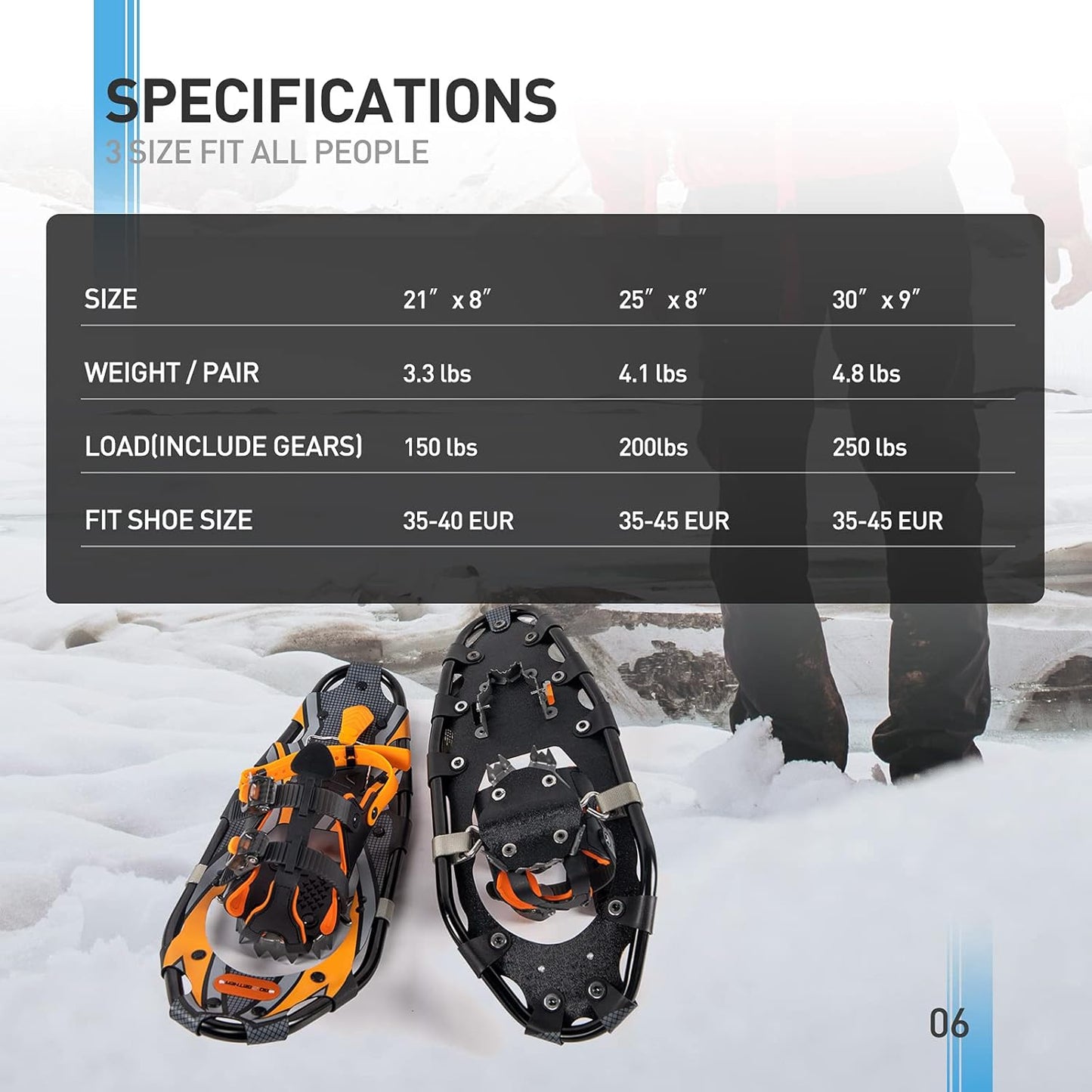 G2 21/25/30/36 Inches Light Weight Snowshoes with Toe Box, EVA Padded Ratchet Binding, Heel Lift, Flexible Pivot Bar, Durable Back Strap, Trekking Poles, Carrying Bag, Snow Baskets(6 colors available)