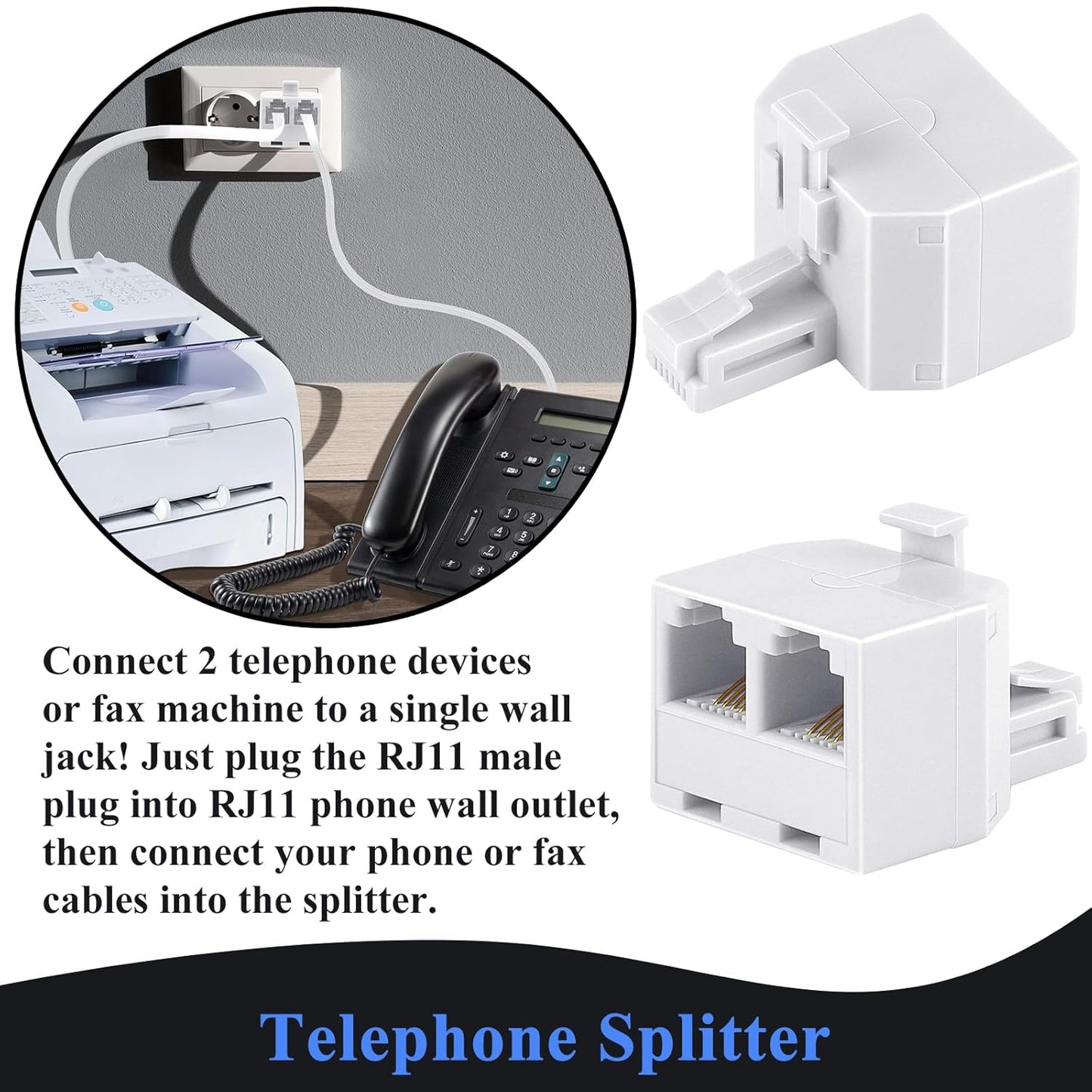 Phone Cord 15FT, Landline Telephone Cable with RJ11 Plug, Includes Telephone Inline Coupler RJ11 Splitter and 10pcs Cable Clips(White)