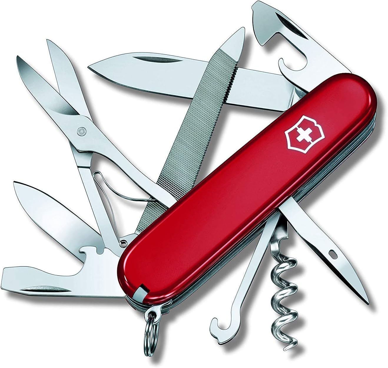 Victorinox Mountaineer Swiss Army Knife, 18 Function Swiss Army Knife with 2 Blades, Corkscrew, Scissor and Hook - Red