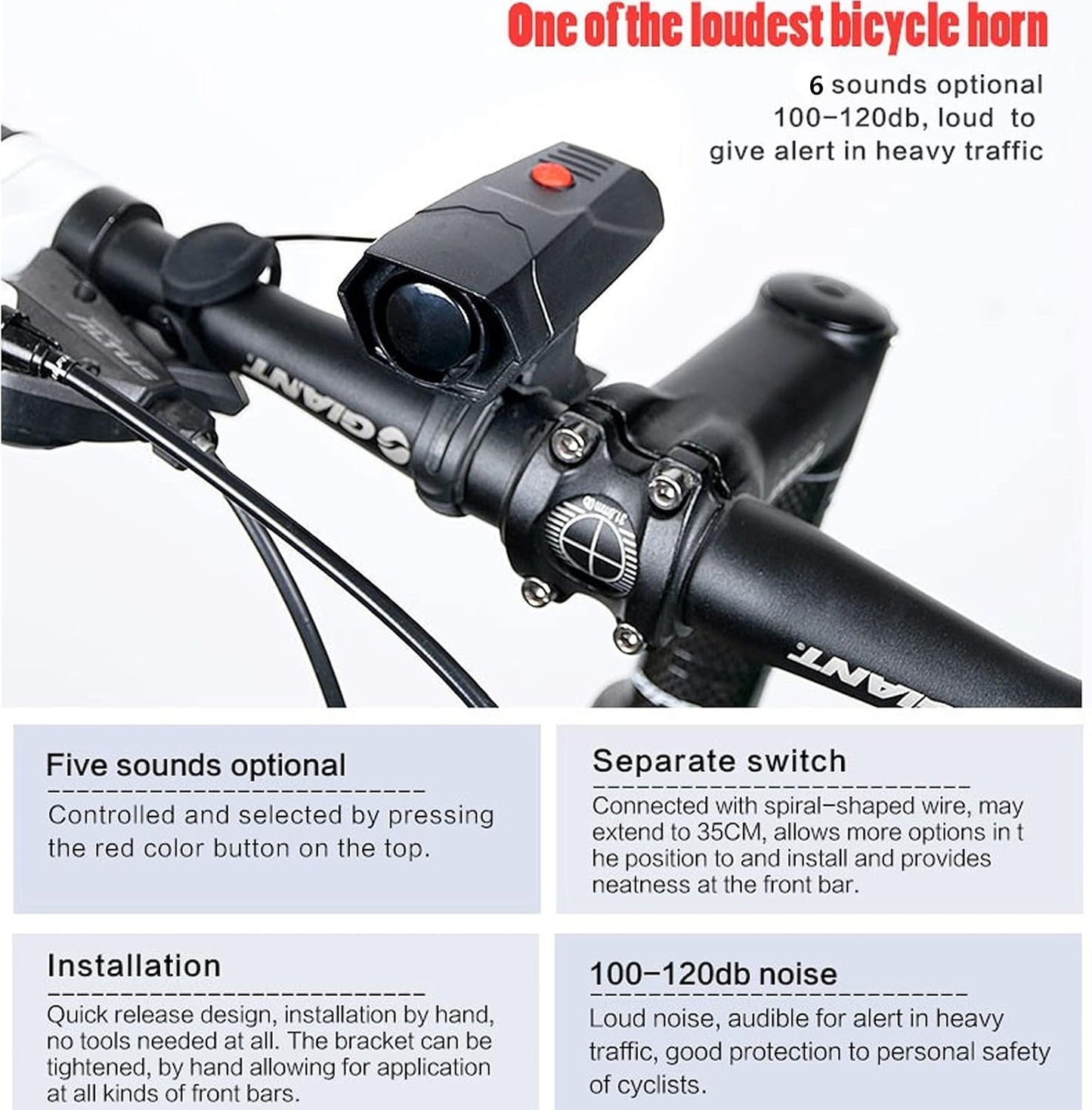120dB Bike Horn Alarm - 5 Sound Modes, Loud Electric Bicycle Bell for Kids/Adults, Universal Handlebar Mount