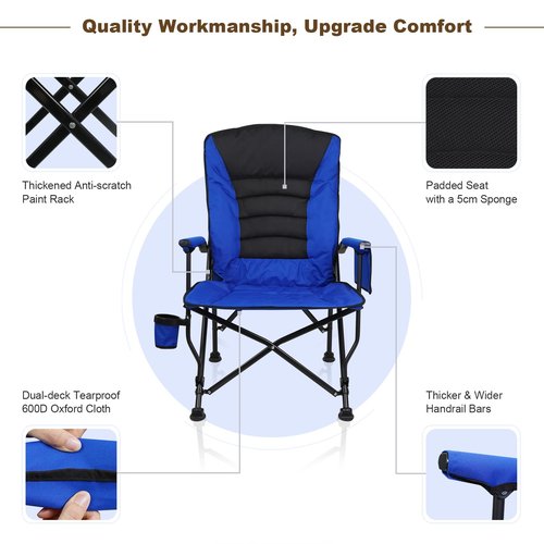 Superrella Outdoor Folding Camping Chair Heavy Duty Movable High Back Collapsible Padded Chair with Storage Bag for Outside Camping Activities, Blue