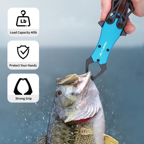 FLISSA Folding Fish Gripper with Lanyard, Lightweight Aluminum Fish Grabber, Portable Fish Lip Gripper Holder for Saltwater and Freshwater Fishing