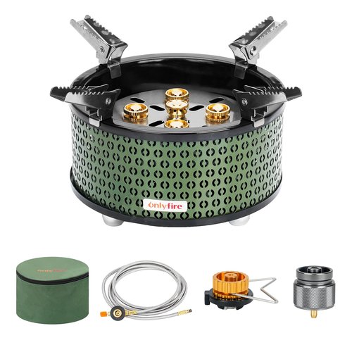 ONLYFIRE Portable Camping Gas Stove with Storage Bag & Foldable Brackets, 5 Burners Camp Stove 3 Fuels Adapters, Propane Stove for Outdoor Cooking Picnic Camping Backpacking Hiking, Green GS344