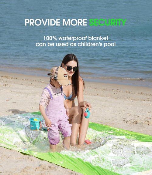 SYLVROAM Beach Blanket Waterproof, Sandproof Mat with Portable Bag for Picnic, Nylon Mat, Quick Drying, Lightweight with 4 Stakes & 3 Water Bags, Use as Children's Pool (Green)
