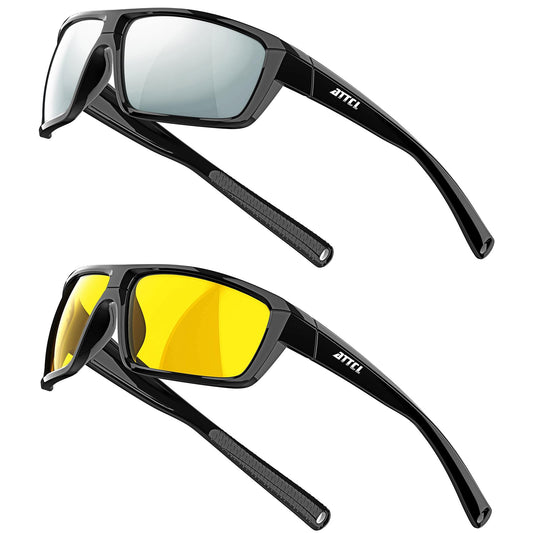 ATTCL Bundle Polarized Wrap Sunglasses For Men+Night Driving Glasses for men:(5001-Silver)+(5001-Night Driving Glasses)