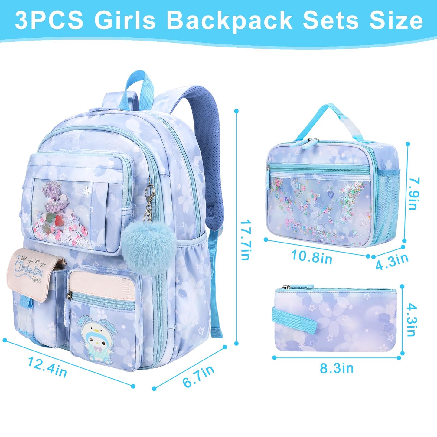 Youngsing Girls Backpack Set 3 IN 1,Cute Rainbow Kids Backpack with Insulated Lunch Box Pen Case Set Student School Bag(Pink-3 pieces set)