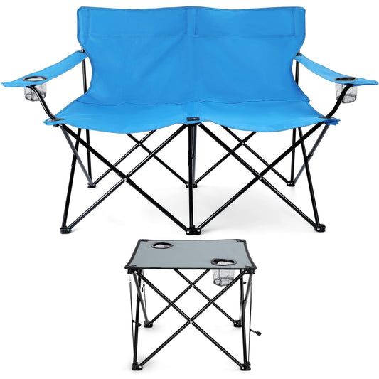 Leonyo Double Folding Camping Chair with Grey Table, Outdoor Portable Loveseat Lawn Chairs for Adults with Camping Table with Carrying Bag for Beach, Backyard
