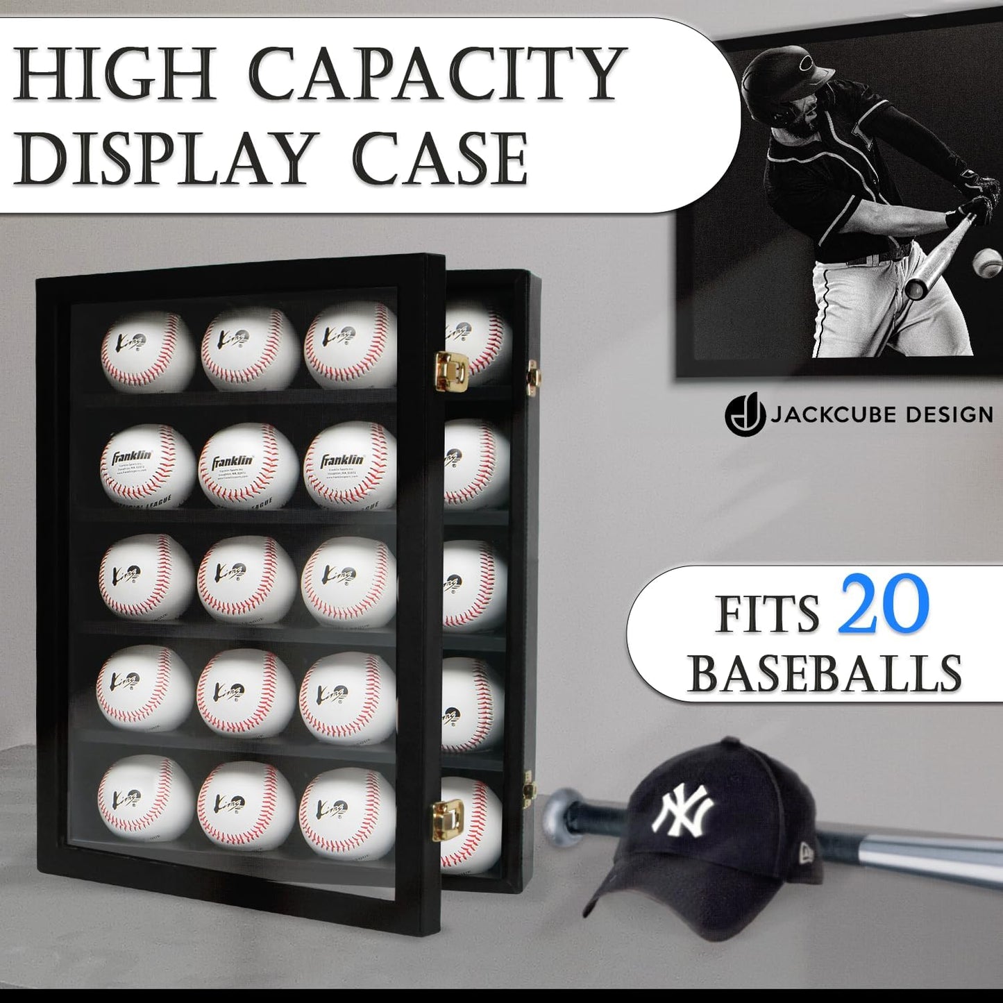 J JACKCUBE DESIGN JackCubeDesign 20 Baseball Display Case Wall Mount Leather Cabinet Wood Shelf Sports Storage Acrylic Cover Rack with Protection 2 Knob(14.2 x 3.9 x 18 inches) – :MK104