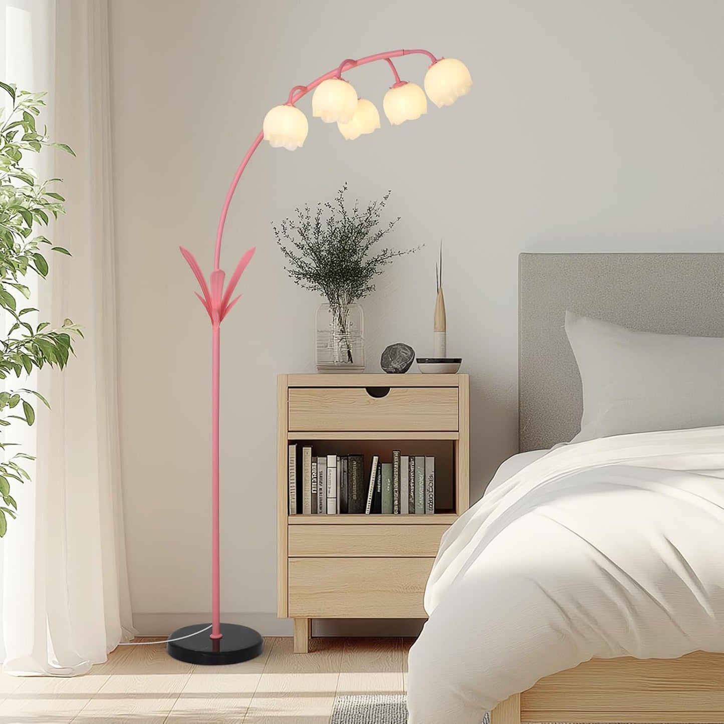 HMVPL Arc Floor Lamp for Living Room, Flower Floor Lamp with 5 G9 LED Bulbs, Foot Switch, Green Floral Standing Lamp with Acrylic Shade, Curved Tall Lamp for Living Room Bedroom Corner Kids Reading