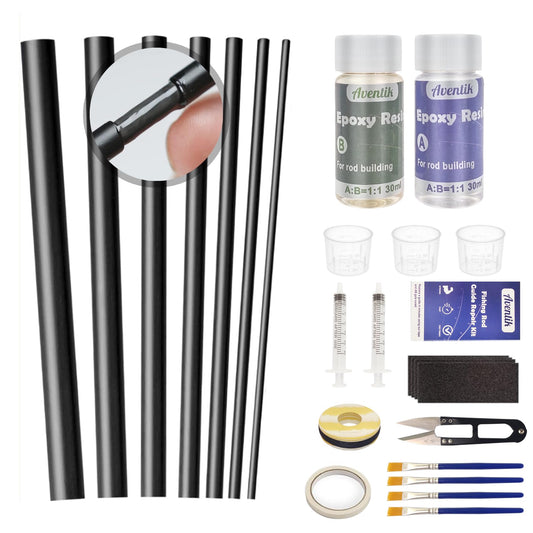 Aventik Fishing Rod Repair Kit Complete with Glue and Tip Replacement, Carbon Fiber Stick Tip Repair Kit for Broken Fishing Pole Maintenance,Rod Building Supplies Epoxy Finish