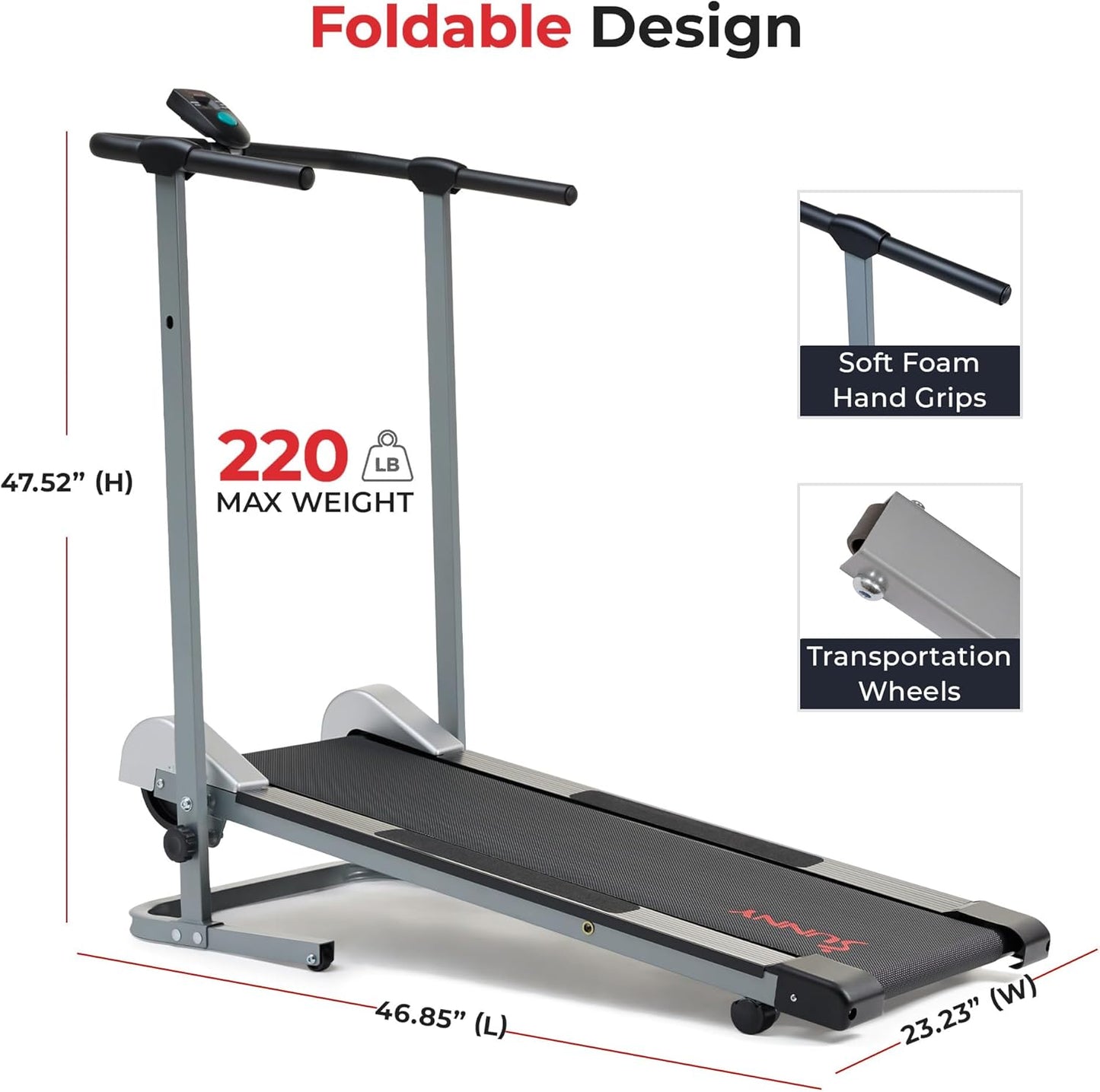Sunny Health & Fitness Compact & Foldable Treadmill, Non-Slip Surface, Optional Dual Mode Walking/Running, Non-Electric Fixed Incline, Digital Monitor, Smart Bluetooth Connection with SunnyFit App