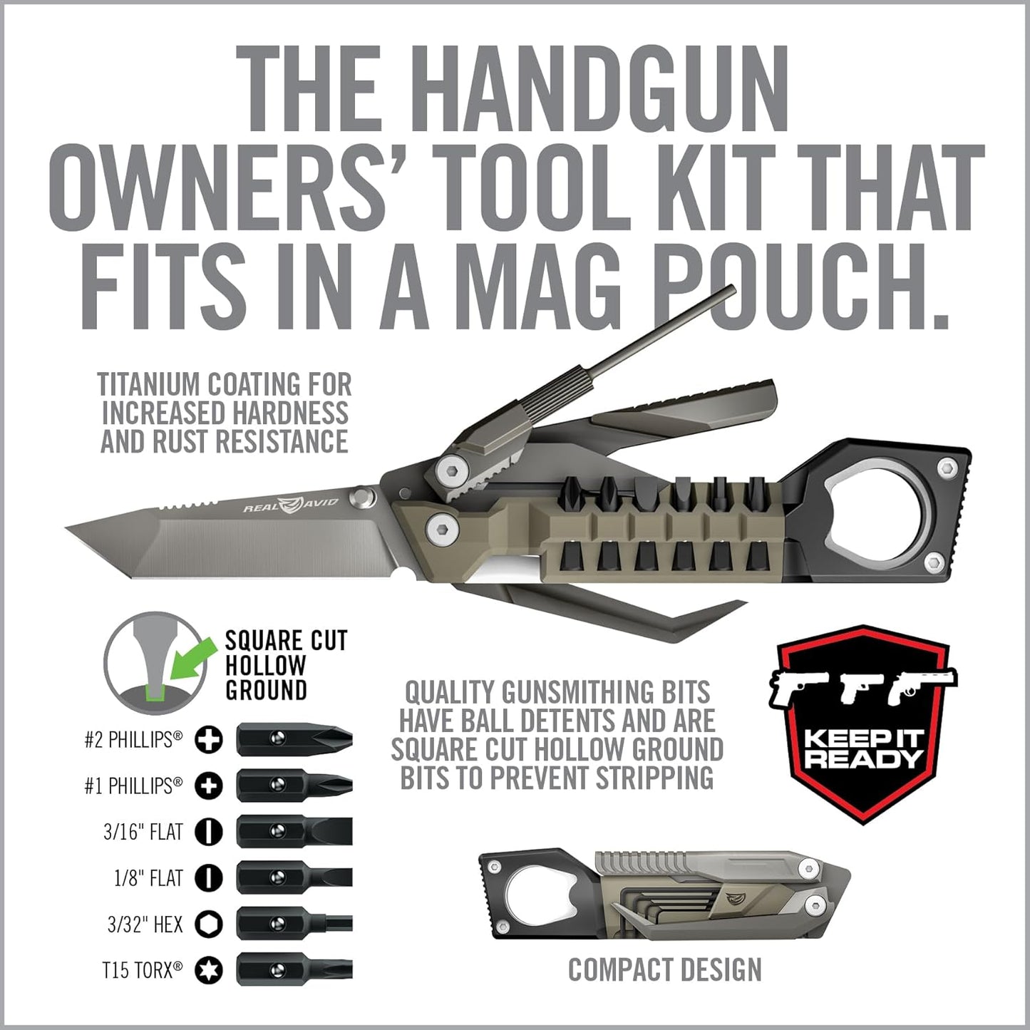 Real Avid Pistol Tool for Gun Maintenance | 19 in 1 Pistol Multitool & Handgun Utility Tool for Striker Fired & 1911 Platforms, Includes 1911 Bushing Wrench, Tanto Knife & Laser Sights Adjusters