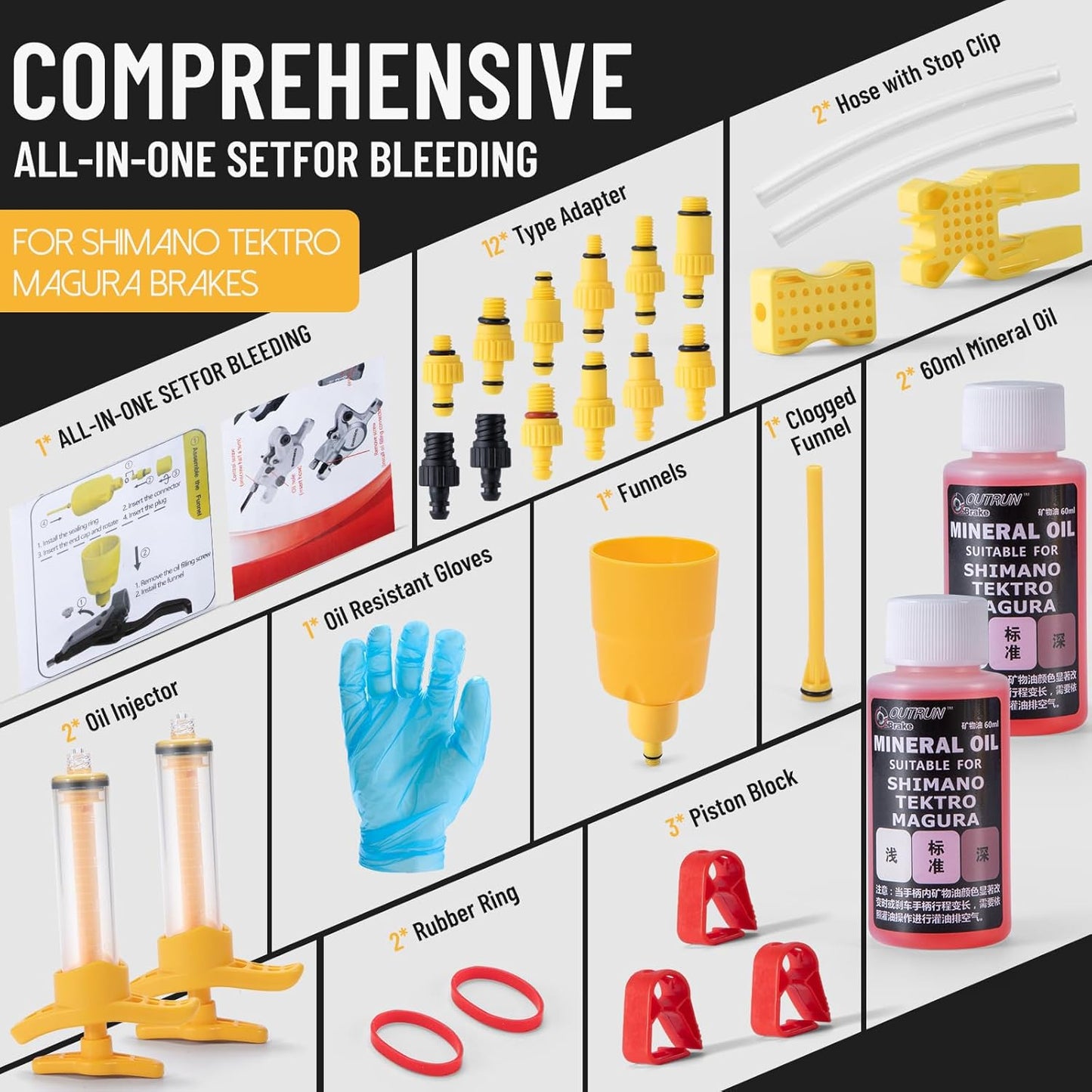 WEST BIKING Brake Bleed Kit for Shimano, Tektro Hydraulic Disc Brakes, Bicycle Brake Fluid Bleeder Kit with 120Ml Mineral Oil Brake Fluid, Connector for MTB/Road Bike Brake