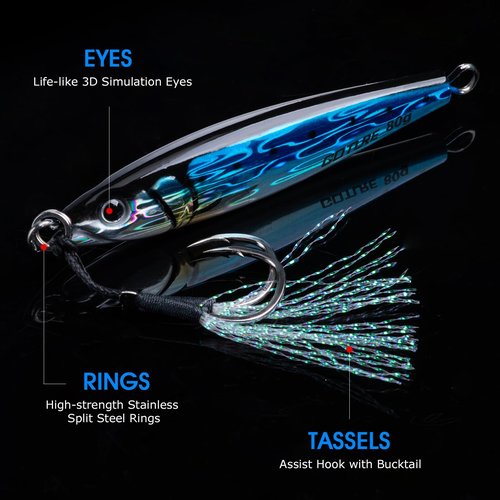Goture Fishing Jigs Saltwater, 5PCS 100g Vertical Jigging Lures with Double Assist Hooks, Speed Fast Fall Jig Deep Sea Fishing Jigging Spoon Lures for Tuna,Salmon,Grouper Snapper, Kingfish