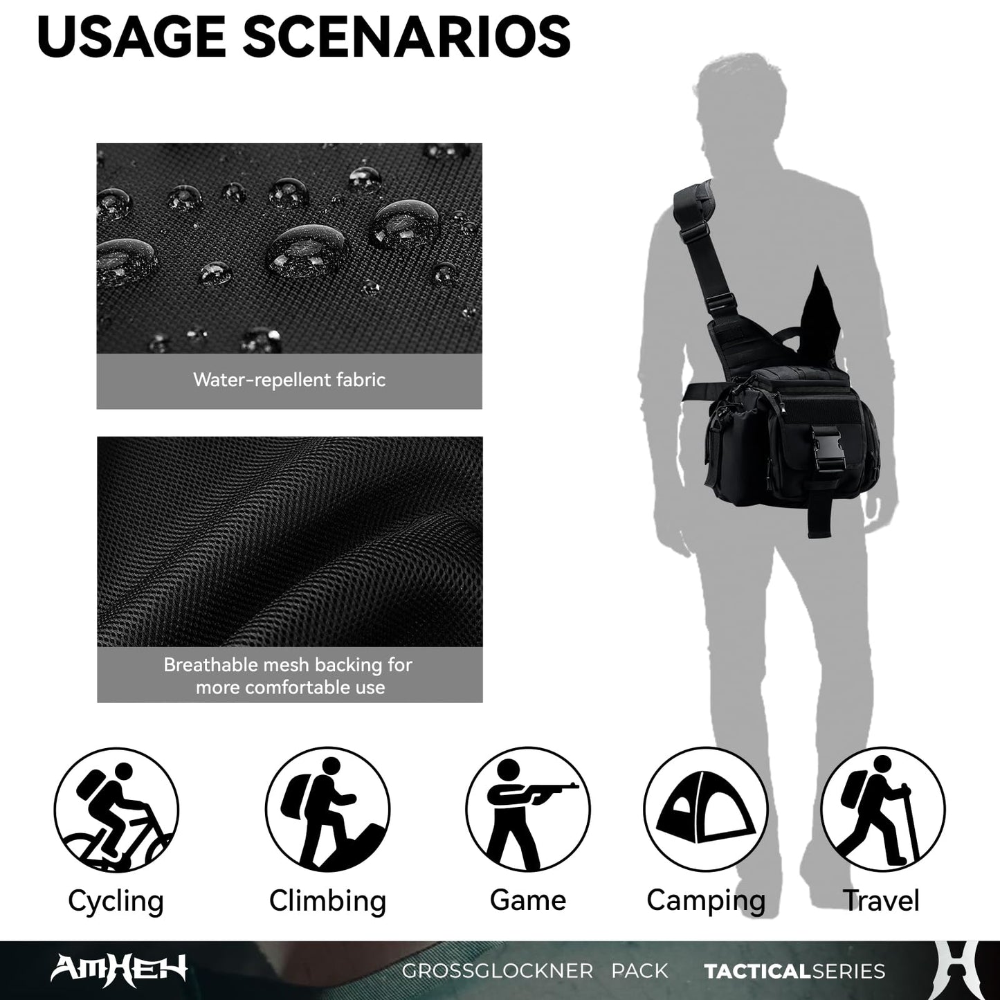 AMHEH Tactical Messenger Bag 10L Military Molle Crossbody Sling Backpack EDC Satchel with Multiple Pockets Waterproof for Men (Black)