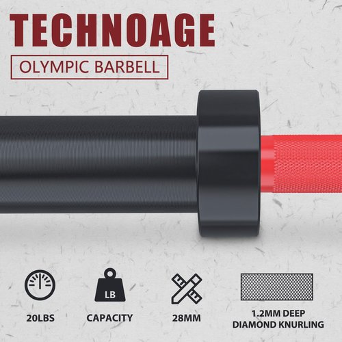 TECHNOAGE 7FT Olympic Barbell 1500LBS Capacity 45LB Solid Chrome Olympic Bar Barbell Load(2" Plate) for Weightlifting, Squats, Dead-Lifts, Presses, and Lunges (Black&Red)
