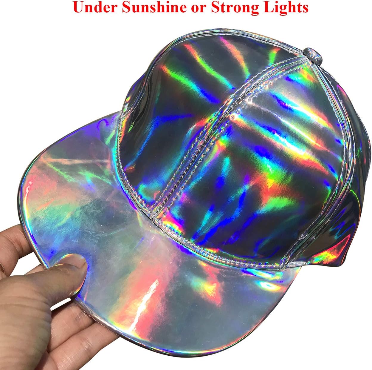 FALETO Adjustable Shiny Holographic Baseball Cap Rainbow Reflective Hip Hop Rave Hat Metallic Casual Cap