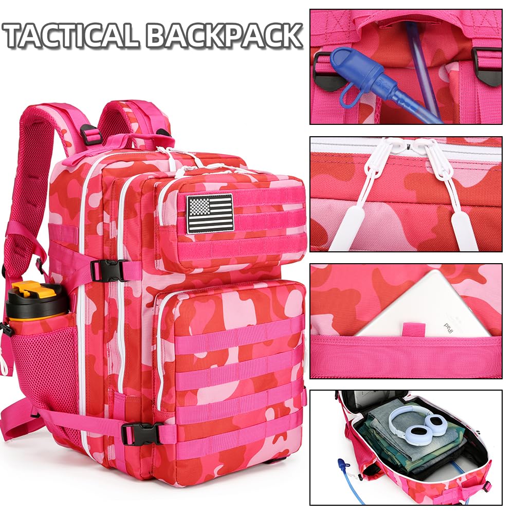 HongXingHai 45L Military Tactical Backpacks 3 Days Assault Pack Bag Fitness Rucksack Bug Out Bag Hiking Treeking (Rose Red CP)